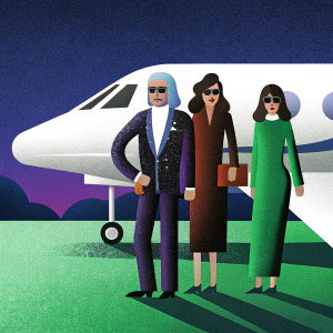 Irina Lazareanu, Karl Lagerfeld, and Lindsay Lohan posing at a Chanel fashion event. They stand in front of a luxurious white private jet adorned with Chanel's iconic logo.