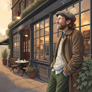 Paul Kaye, in a casual outfit, posing outdoors. A cozy coffee shop in the background.