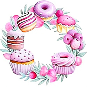 logo for bakery homepastry making cakes ,wreath form  with caces ,puncakes red and pink colors ,pastel watercolor,small size
