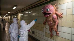 A bizarre, pinkish creature stuck on a tiled wall in a dimly lit hallway. The creature has large, round eyes and a disturbing, elongated mouth with tentacle-like appendages. It has a fleshy, slimy texture, almost like a mutated amphibian. Two people in white hazmat suits are pointing at the creature, suggesting it was found in a restricted or lab setting. The atmosphere is tense and unsettling, resembling a sci-fi horror scene.