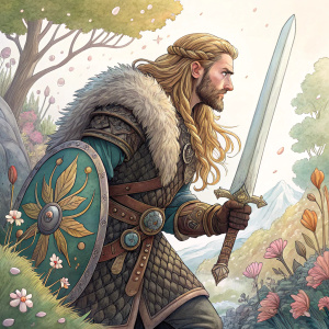 Fili, a heroic figure from a fantasy realm, clad in intricate medieval armor and wielding a massive sword. Long braided blonde hair adorned with a fur-lined tunic. Illustration style: whimsical and colorful.