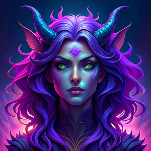 Succubus with gradient hair in purple, lilac, pink colors, with mysterious face