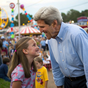John Kerry sharing a heartfelt moment with a young girl at a community festival. Outdoor setting with bustling crowd