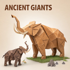 Digital art depicting ancient megafauna. Origami-inspired Paraceratherium, Smilodon, Deinotherium, Macrauchenia, and Woolly Mammoth. Colors: earth tones, Origami texture. Header: 'Ancient Giants'