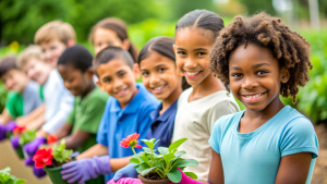 Kids at a community garden, tending to their plants and flowers with enthusiasm. Planting, and enjoying their labor as their garden flourishes