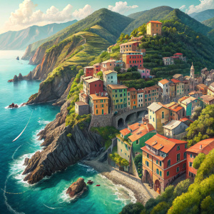 Aerial views of Cinque Terre, Italy. Vibrant houses clinging to cliffs, turquoise sea, lush green hills. Diverse perspectives showcasing the coastal towns, intimate shots of vibrant facades, sweeping panoramas of terraced vineyards and villages. Pictures radiate with vibrant hues.