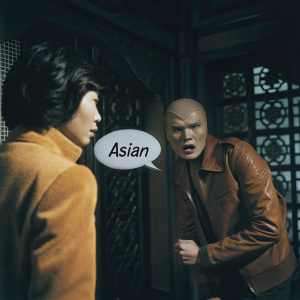 Comic book page with hyper-stylized characters in an indoor, fantasy setting. Futuristic and imaginative art style with detailed backgrounds. Exaggerated facial expressions and Asian text in speech bubbles.
