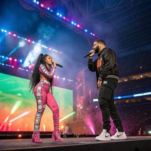 Nicki Minaj and Drake performing at a stadium concert. Colorful stage lighting and vibrant backdrop behind them.