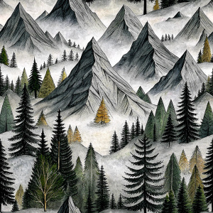 Beautiful gentle mountains and trees seamless pattern in the style of the Chagall brand