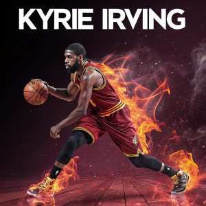 Kyrie Irving digital art piece. Dynamic pose with fiery effects. Dark background with 'Kyrie Irving' text overlay