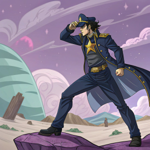 Jotaro Kujo, from JoJo's Bizarre Adventure, in a dynamic action pose with Star Platinum, amidst a surreal, cartoon landscape.
