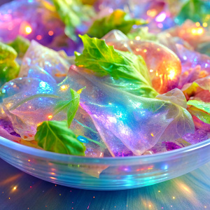 
 close up light pastel  very much glitter sparkly ultra intense crystal effect fantasized glam Sprinkle Tableware vegan salad   in the plate Shimmering Bioluminescent fairytale masterpiece  Magical Holographic  Glossy Bioluminescent iridescence  Shimmering Holographic   Foil Glossy Patent Spandex Vinyl  