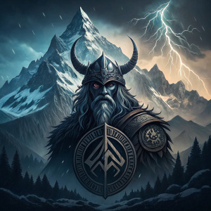 Stylized logo design inspired by Norse mythology. Dark and dramatic setting with dramatic color palette. Rugged mountain range in background.