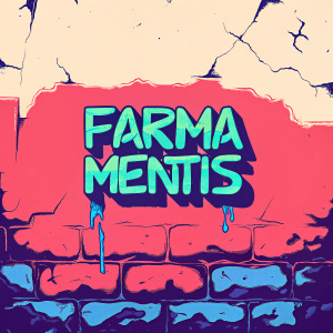The Farma Mentis logo spray painted on an old brick wall. Street art style with bold colors and graffiti effects