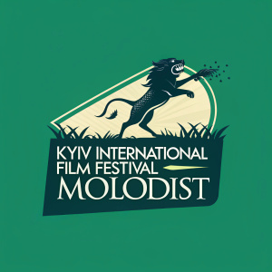 Dynamic emblem for Kyiv International Film Festival Molodist. A creature in motion, silhouetted against a vibrant green background. Elegant text whispers the festival's artistic essence. Bold palette with deep greens and dark lines evokes cinematic magic.