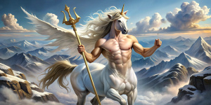 a realistic tall slim shirtless guy at full height, wearing a white loincloth, holding a golden trident, is riding a white winged horse Pegasus in the air over mount Parnassus
