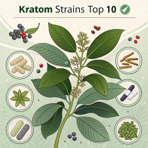 Infographic detailing the top 10 Kratom strains. Vibrant botanical illustrations, strain descriptions, and key information highlighted. Utilizes a soothing green and grey color scheme.