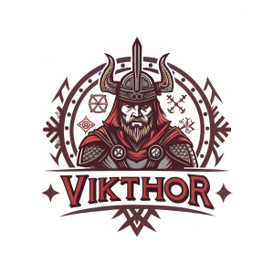 Modern logo design featuring a fierce warrior with Nordic runes and the text 'VikThor'.