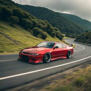 High-performance Nissan S14 in sleek red with dark accents. Driving on a winding mountain road with blurred greenery in the background.