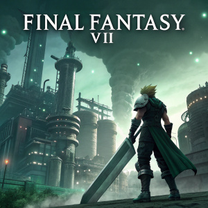 Digital illustration of a colossal industrial cityscape. Title 'FINAL FANTASY VII' emblazoned atop. A warrior, clad in ornate armor, brandishing a massive sword, stands valiantly in the foreground. Dominant hues of green and gray, intricate details, futuristic atmosphere.