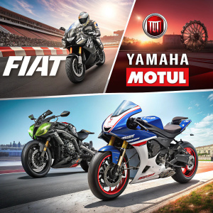 A dynamic collage featuring sleek motorcycles from FIAT and YAMAHA MOTUL. The images showcase different angles and branding details.
