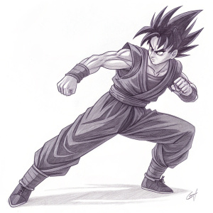 Sketch of Son Gohan in a fighting stance. Dark pencil drawing. Focus on expression and movement. Background is white