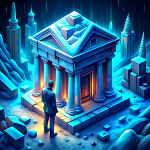 snow and ice financial bank, next to a sad man, in techno style, blue color