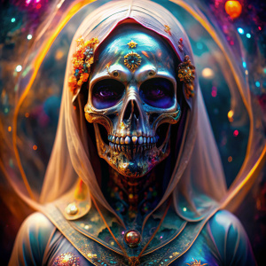 ultra close up, Santa Muerte, encased in an abstract, modern art realm, digital painting of the highest quality, featuring extremely smooth and fluid 3D fractals, 