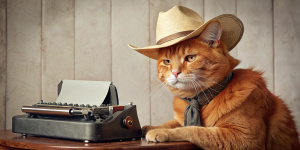 A red cat in a cowboy hat writes a poem on a typewriter