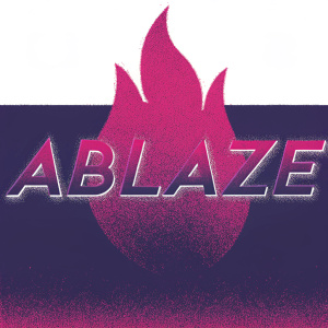 The AbLaze logo showcases a sleek, modern font paired with an abstract flame icon. The flame is depicted as a bold, dark red silhouette with a sharp, upward-pointing tip. Set against a black background, the design emphasizes dynamism and energy.