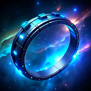 thin, futuristic bracelet with a blue glow, looking like space and time is caught within