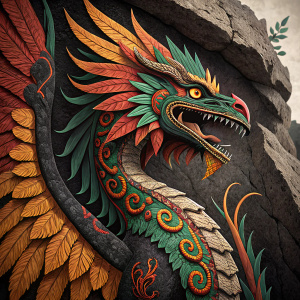 Digital illustration of Quetzalcoatl, an Aztec dragon, on rugged stone. Vibrant colors: black, green, orange, red. Fierce face, sharp teeth, dynamic posture.