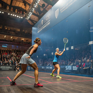 Tesni Evans and Nicol David competing in a high-stakes squash match. The arena is packed with enthusiastic spectators. Large banners and signage line the walls.