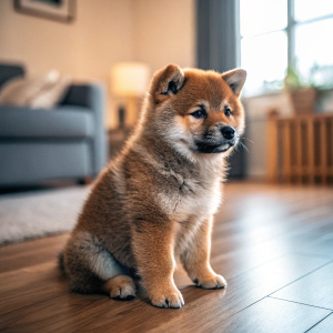 A tiny, fluffy shiba inu puppy. Its fur has a mix of brown and darker markings around the face. The puppy is sitting on a hardwood floor. The background is a blurred, cozy living room.