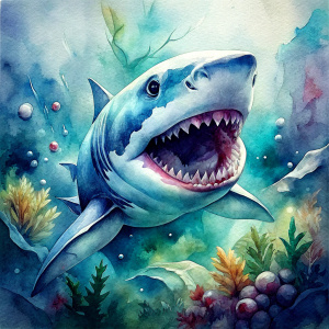 Vintage Old, Watercolor Soft Colors, Shark Underwater with Fishes, Algae and Corals Scary Open Mouth. Front view