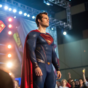 Henry Cavill as Superman, standing in a heroic pose at Metropolis Comic Con. Bright stage lights and enthusiastic fans in the background.