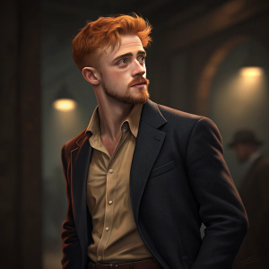 Boyd Holbrook, young actor with short red hair and beard, poses confidently in a dark blazer and tan shirt. Shot in dimly lit studio with blurred background.