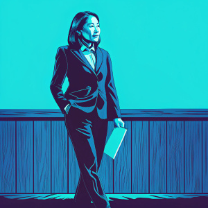 Ann Curry, Asian woman with subtle makeup and sleek dark hair, in a formal black suit. Onstage at a TED talk event, wooden panel background, focused lighting.