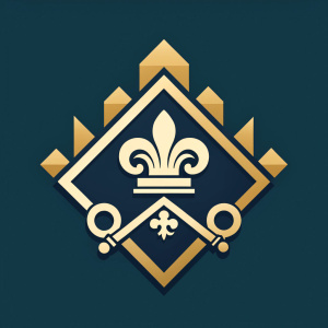 Flat ornamental logo related to building houses, use of key symbol, crown, English style, fleur-de-lis style, in one color, (((flat style))))