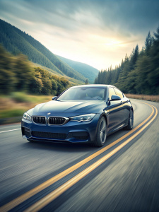 Ultra-realistic dark blue bmw sedan moving on the asphalt road in the ...