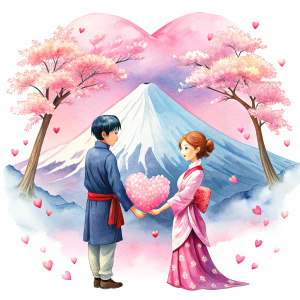 valentine,pink,liberty hold heart,white background,couple kids,kimono,fujisan