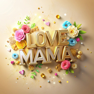 A mesmerizing 3D rendering of a sentence saying 'Love Mama' crafted with exquisite detail, illuminating in captivating shinny gold. The letters display modern, stylish typography, colourful flowers delicately integrated within the design. The soft, light goldbackground harmoniously accompanies the vibrant colors, evoking a dreamy, enchanting ambiance. The composition is further enhanced with sprinkles of colorful 3D paint touches, silver background adding a touch of creativity 