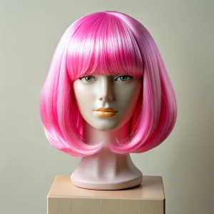 pink square-cut wig standing by itself