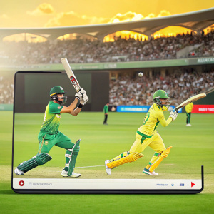 YouTube video screenshot showcasing cricket players. Digital, modern style. Bright, vibrant webpage background.