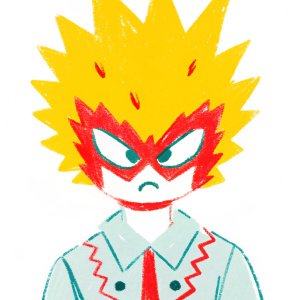 Illustration of Bakugo from My Hero Academia, angry face, sharp eyes, flame-shaped mask on a black background.