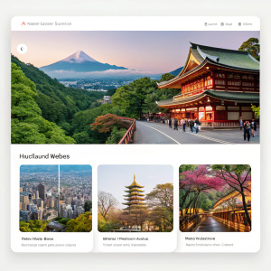 An interactive webpage displaying a collection of high-definition images capturing Japan's stunning natural vistas, historic landmarks, and bustling cityscapes.