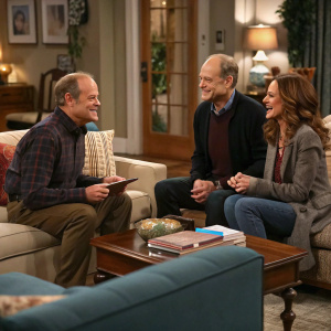 Frasier episode. Kelsey Grammer, David Hyde Pierce, and Amy Brenneman in living room, engaged in lively conversation.