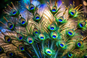 a breathtaking display where a collection of peacock feathers is meticulously arranged in a fan shape. Each feather stands tall and proud, their stems curving gently to form a semicircle reminiscent of a peacock's majestic tail display. The feathers overlap slightly, creating a seamless gradient of colors that dazzle the eye. From the deep emerald greens to the rich cobalt blues, each hue flows into the next, punctuated by the dramatic eyespots that seem to gaze back at the viewer. The sunlight 