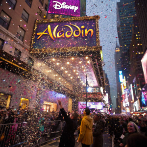 Broadway sign for Aladdin musical. Glowing Disney logo at New Amsterdam Theatre. Crowds of people and confetti. Festive celebration in Times Square