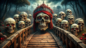 puente de madera de craneos con araberlas con sangre , estilo oscuro terror